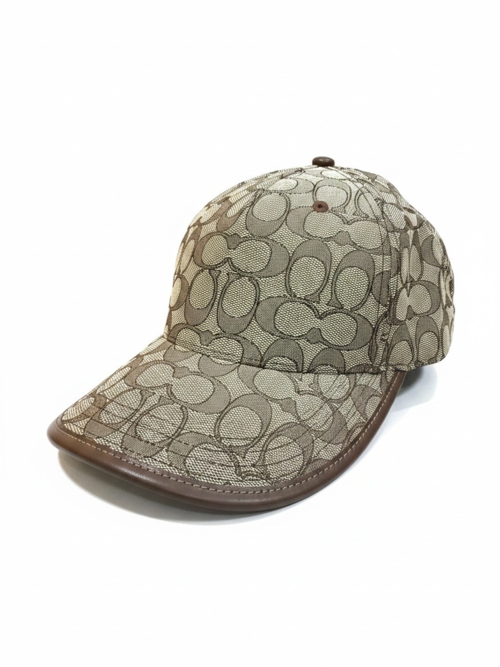 Coach Signature Jacquard Baseball Cap Oak Brown Leather Trim NWT M/L